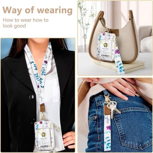 2-in-1 ID Badge Holder & Lanyard Wallet for Womens Cute Floral Zipper - Picture 4 of 7